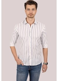 Resim Erkek Beyaz Lacivert Çizgili Slimfit Kutulu Gömlek Beyaz - Lacivert 