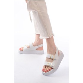 Resim 24413-572 Beyaz Günlük Dolgu Topuk Toka Aksesuarlı Kadın Sandalet Altın - Taba 