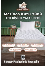 Resim Tek Kişilik Merinos Kuzu Yünü Yatak Pedi, Yatak Koruyucu, Yatak Şiltesi %100 Merinos Kuzu Yünü Beyaz 