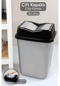 Resim Çift Kapaklı Plastik Çöp Kovası - Ev Ofis Banyo Mutfak Çöp Kovası Gri 30 Litre Gri 