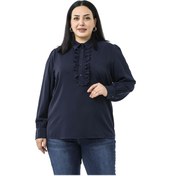 Resim Büyük Beden Önü Fırfır Detaylı Gömlek Yaka Manşetli Lacivert Gömlek Lacivert 