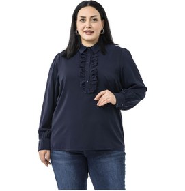 Resim Büyük Beden Önü Fırfır Detaylı Gömlek Yaka Manşetli Lacivert Gömlek Lacivert 