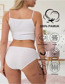 Resim Alya Underwear %100 Pamuklu Kadın Külot Normal Bel Yükseklikli Jakarlı Kalp Desenli Kumaş Slip Beyaz 