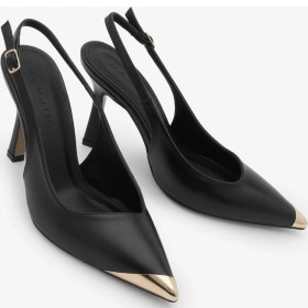 Resim Marjin Kadın Stiletto Sivri Burun Altın Detaylı Arkası Açık Topuklu Ayakkabı Süvat Siyah 