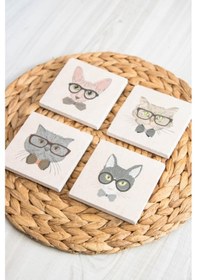 Resim Baskılı Doğal Taş Bardak Altlığı 4'lü Set 10x10x1 Cm - Kedi Baskılı Bardakaltı Çok Renkli 