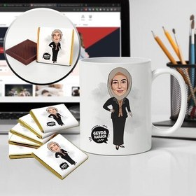 Resim Başörtülü Kadın Karikatürlü Kupa ve Çikolata 