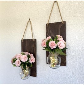 Resim Led Işıklı, Pembe Karanfil Çiçekli Duvar Dekoru Ceviz İkili Set Ceviz 