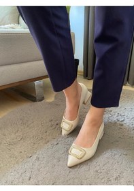 Resim Kadın Pita Krem Deri Tokalı Stiletto Alcak Ökçe Abiye Ayakkabı-krem Krem 