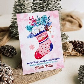 Resim Yılbaşı Çorabı Mesajlı Kişiye Özel Kartpostal 