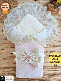 Resim Tomuycuk Triko Örgü Bebek Kundağı - Pamuklu & Dantelli Yenidoğan Bebek Battaniyesi Pudra 
