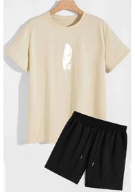 Resim Tüy Baskılı Şort T-shirt Eşofman Takımı Bej 