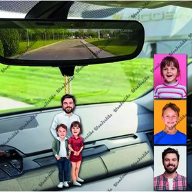 Resim wonderlike Baba Ve Çoçuklar Tasarımlı Ahşap Araba Dikiz Ayna Süsü 