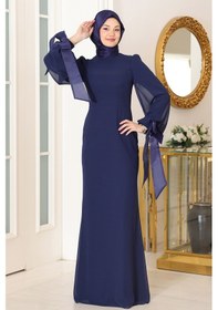 Resim Raika Moda Kol Detaylı Firuze Şifon Tesettür Abiye Lacivert 