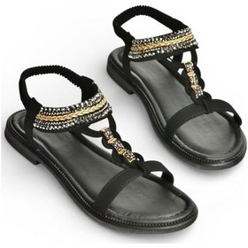 Resim Fox Shoes Y274601309 Siyah Düz Tabanlı Taş Detaylı Kadın Sandalet Siyah 