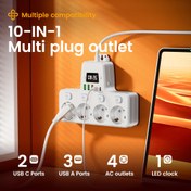 Resim 1.5m/3m Uzatma Kablosu, Aşırı Yük Koruması, Çoklu Anahtarlı Çıkış, 4 Standart AC Soketleri, 3 USB Portu (2 Type-C), Dijital Saat Ekranı - Siyah/Beyaz - Ev, Yatak Odası, Ofis, Oturma Odası Çıkışı İçin Mükemmel 
