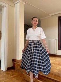 Resim Kareli hasır kemer etek Mavi - XL 