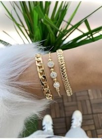 Resim Kadın Altın Kaplama Bileklik, 3'lü Kombin Set, Zirkon Taş Detaylı, Gold 