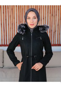 Resim Kmk Kombin Kadın Kaşmir Kaşe Kapşonlu Kürklü Mont Siyah 