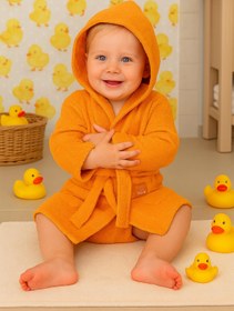 Resim CottonVerse Bebek & Çocuk Kapşonlu Bornoz - %100 Pamuk, Unisex Oranj - Oranj / 5-6 Yaş 