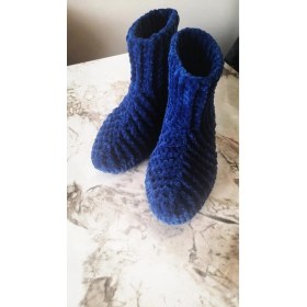 Resim Merut Style El Örgüsü Kadife Ip Mavi Ev Botu Panduf 