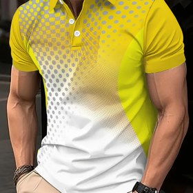 Resim Erkekler için Puantiyeli Golf Gömleği - Kısa Kollu, Sarıdan Beyaza Geçişli Tasarım, Rahat Yazlık Giysi, Düğmeli Yaka, Hafif ve Nefes Alabilen Kumaş 