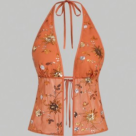 Resim Turuncu halter boyun nakışlı pullu çiçek desenli ön bağcıklı arka bağlamalı seksi tatil plaj seyahat omuz açık sırt canlı yaz turuncu camisole üst 
