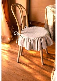 Resim El Yapımı Yuvarlak Buldan Yıkanmıs Keten Fırfırlı Sandalye Minderi Naturel 