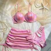 Resim 2024 Yeni Avrupa ve Amerika Degrade Parlak Bikini Kadın Mayo Seksi Üç Parça Seti 