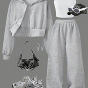 Resim Kızlar için İlkbahar ve Sonbahar Kapüşonlu Hırka Kısa Sweatshirt Ceket + Beyaz Çok Yönlü Kolsuz + Gri Yüksek Bel Geniş Paça Pantolon Rahat Spor Giyim Üç Parça Set, Dış Mekanlar İçin, Gençler İçin 