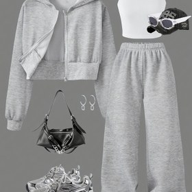 Resim Kızlar için İlkbahar ve Sonbahar Kapüşonlu Hırka Kısa Sweatshirt Ceket + Beyaz Çok Yönlü Kolsuz + Gri Yüksek Bel Geniş Paça Pantolon Rahat Spor Giyim Üç Parça Set, Dış Mekanlar İçin, Gençler İçin 