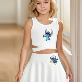Resim Disney Resmi Stitch Baskılı Kız Çocuk Spor Kıyafeti, Nefes Alabilen Tişört + Etek İki Parça Takım, Üniversite Tarzı Tenis Tasarımı, Yumuşak ve Hafif Bej Kumaş, Rahat ve Çok Amaçlı, Kızlar İçin İdeal Hediye Seçeneği 