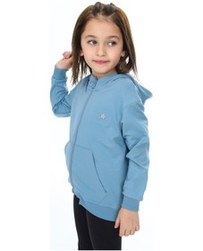 Resim Toontoy Kız Çocuk Kapüşonlu Fermuarlı Cepli Düşük Omuz Nakış Baskılı Örme Hırka - 2 İplik Mavi 