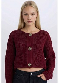 Resim Defacto Relax Fit Bisiklet Yaka Düğmeli Örgü Desenli Triko Hırka E1962AX24WNBR43 Bordo 