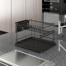 Resim Tekno-tel 2 Katlı Modüler Bulaşık Kurutma Sepeti Mat Siyah Metal Tabaklık KB010 