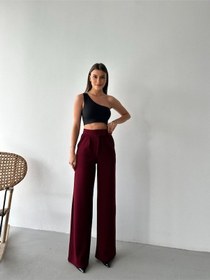 Resim Plenty Kadin Bordo Fermuar Ve Çirt Çirt Kapamali Palazzo Kumaş Pantolon Bordo 