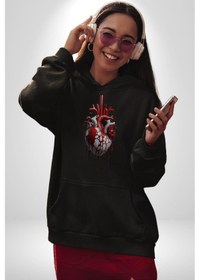 Resim Kırmızı Beyaz Kalp Toplar Damar Kadın Erkek Siyah Kapüşonlu Sweatshirt Hoodie Siyah 