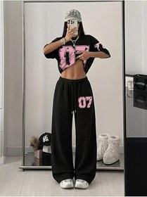 Resim Kadın 07 Baskılı Oversize T-shirt ve Baggy Eşofman Altı - İkili Yazlık Eşofman Takımı 