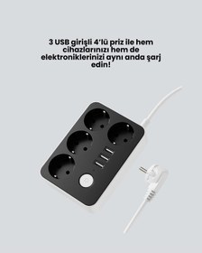 Resim Akım Korumalı 3 Usb Portlu 4 Lü Priz 4.1a Hızlı Şarj 