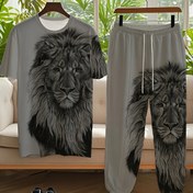 Resim 1 Set Erkekler için Büyük Beden 2 Adet Yazlık Rahat Kıyafet, Aslan Desenli Kısa Kollu T-Shirt ve Terlik Seti, Spor ve Tatil Eğlence Giyimi, Crew Neck, Örgü Kumaş ile Hafif Esneklik, Polyester ve Spandex Karışımı 