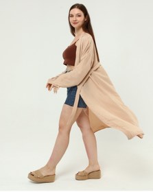 Resim CNG MODA Kadın Bej Ayrobin Kuşaklı Kimono&kaftan 