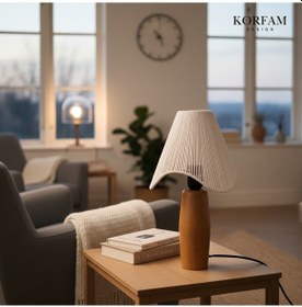 Resim Wavy Abajur - Beyaz Hasır El Yapımı Bohem Asimetrik Şekilli Ahşap Ayaklı Rustik Abajur Çok Renkli 