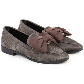 Resim Libero L085.k029 Hakiki Nubuk Kadın Loafer Babet - Büyük Fiyonk Detaylı, Metalik Eskitme Desenli Düz Füme 