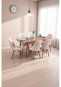 Resim 6 Kişilik Açılır Masa Sandalye Takımı Mutfak Masası Takımı Salon Masası Yemek Masası Masa Takımı Krem 