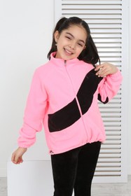 Resim Toontoy Kız Çocuk Dik Yaka Fermuarlı Renk Bloklu Reglan Kol Polar Hırka - Beli Ayarlanabilir Lastikl 