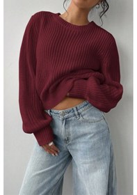 Resim Tarz Cool Kadın Bordo Oversize Bisiklet Yaka Balon Kol Fitilli Triko Kazak Bordo 