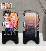 Resim Bk Gift Kişiye Özel Sevgililer Karikatürlü Ahşap Biblo Telefon Standı-5 
