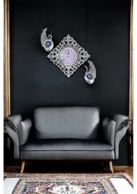 Resim Dekoratif Polyester Duvar Saati Ve Nazar Boncuklu 2 Kuğu - Gümüş 