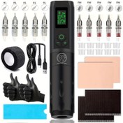 Resim Tüm Tattoo Kiti, USB Şarj Edilebilir 1300Mah Lityum Pil, LED Ekran, 10 Şırınga, Eldiven ve Aksesuarlar Dahil 