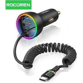 Resim Rocoren 70w 3 Portlu 2 Type-c 1 Usb-a Spiral Kablolu Led Işıklı Araç İçi Hızlı Şarj Cihazı 