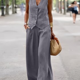 Resim Kadınlar İçin 2 Parça Takım - Kolsuz V Yaka Katmanlı Üst & Geniş Paça Pantolon Gri/Nötr Ton, Esnek Olmayan Kumaş Ofis, Günlük ve Resmi Etkinlikler İçin İlkbahar/Yaz Şık Kombini 